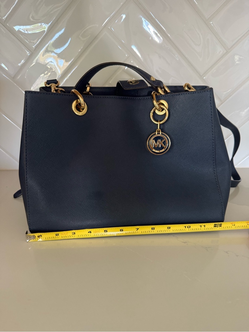 Michael Kors Navy Saffiano Leather Satchel with Gold-Tone Hardware - Picture 2 of 6
